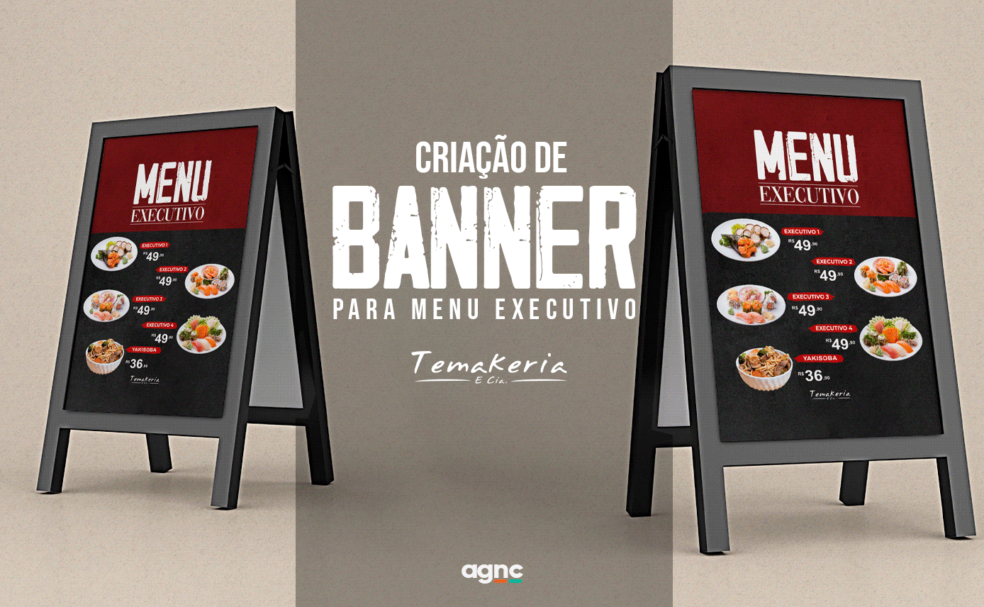 Portfolio: Banner Menu Executivo - TMK E CIA Veja nosso trabalho de banner menu executivo para a rede de lojas da Temakeria e CIA. Trága seu projeto para nossa agência.