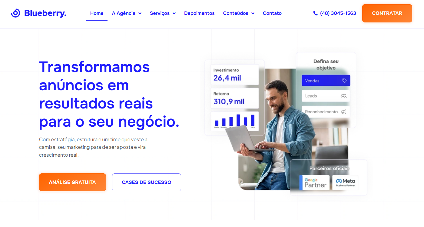 A Blueberry Marketing é muito conhecida pela sua força em links patrocinados. Se você procura especificamente uma Agência de Google Ads com foco em pequenas e médias empresas, eles são uma opção viável. Eles têm um modelo de atendimento consultivo e focado em performance de curto prazo.