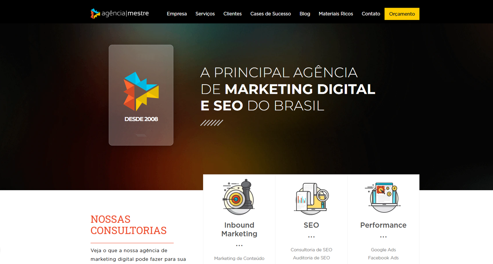 Tradicional no mercado de SEO, a Agência Mestre continua sendo uma opção forte para quem foca exclusivamente em conteúdo e crescimento orgânico. Com diversas premiações no currículo, ela mantém um padrão de entrega focado em métricas técnicas de busca.