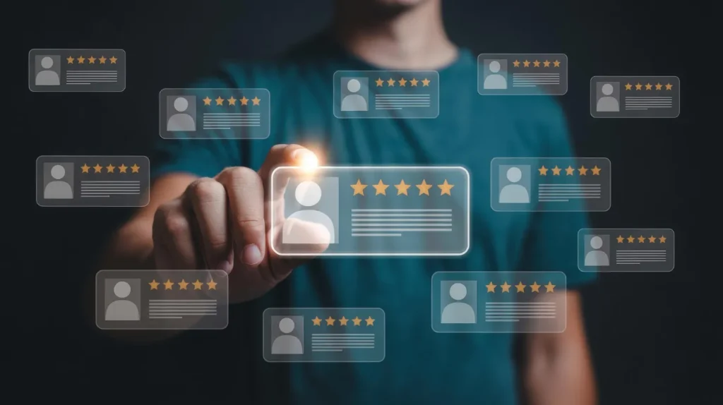 prova-social-avaliacoes-que-geram-clientes-2 Na página inicial do site, a prova social deve aparecer como âncora de confiança logo nas primeiras seções, antes que o visitante chegue à descrição dos serviços. Uma frase como "mais de 300 empresas atendidas em todo o Brasil" ou um carrossel de depoimentos posicionado no topo comunica credibilidade antes que o potencial cliente precise procurar.
