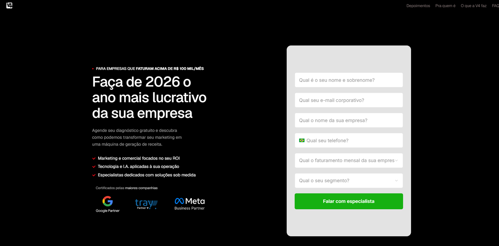 A V4 Company atua como uma assessoria de marketing focada em vendas e growth, utilizando um método científico para escalar resultados comerciais. Diferente de agências tradicionais que focam apenas em entregáveis criativos como posts e vídeos, a V4 é orientada por dados de performance e ROI, com clientes de referência como XP Investimentos e Spotify.